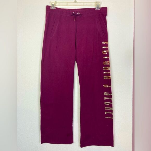 Victorias Secret Burgundy sweat pants w/ metallic sequin brand name & pockets - Picture 1 of 8